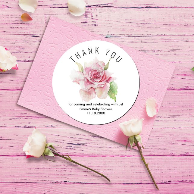 Romantisches sanftes Rosa Danke Runder Aufkleber (Romantic Soft Pink Thank You Classic Round Sticker #zazzle made #romanticthankyousticker #watercolor)