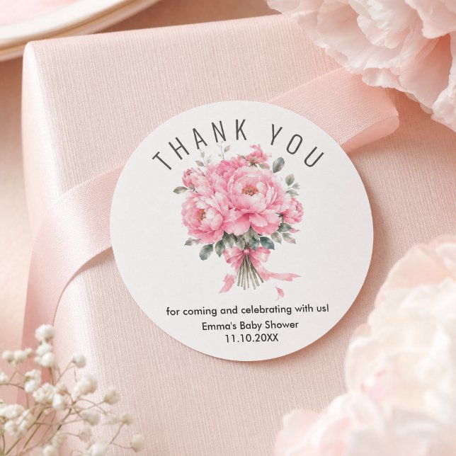 Romantisches sanftes Rosa Dankeschön Runder Aufkleber (#babyshowersticker #thankyoutsticker #pinkflowers #watercolorpinkflowerssticker #pinkfloralsticker )