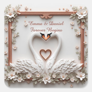 🤍 Romantisches Schwan-Paar Florale Hochzeitstheme Quadratischer Aufkleber