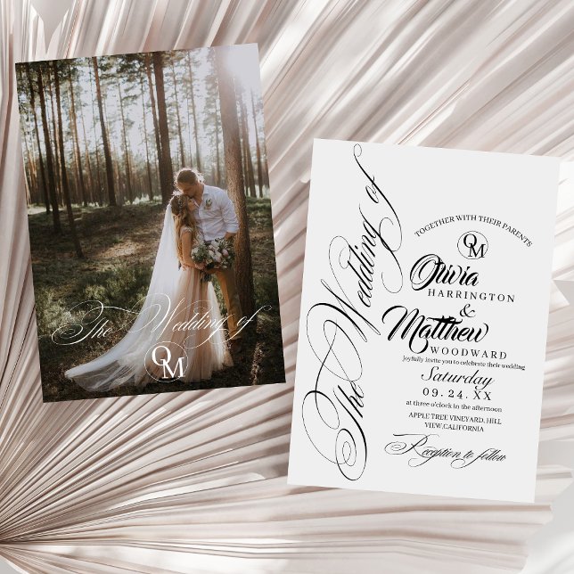 Romantisches Schwarz-Weiß-Script-Foto Hochzeit Einladung (Von Creator hochgeladen)