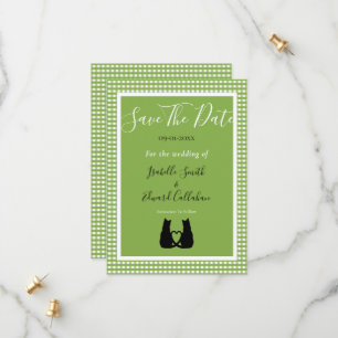 Romantisches schwarzes Katzenpaar, grünes Gingham- Save The Date