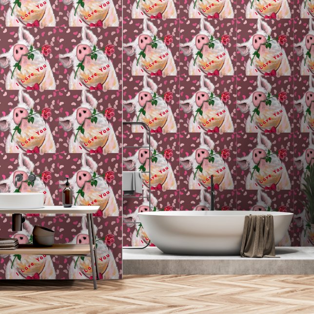 Romantisches Schwein mit Rose Funny Tapete (Badezimmer)