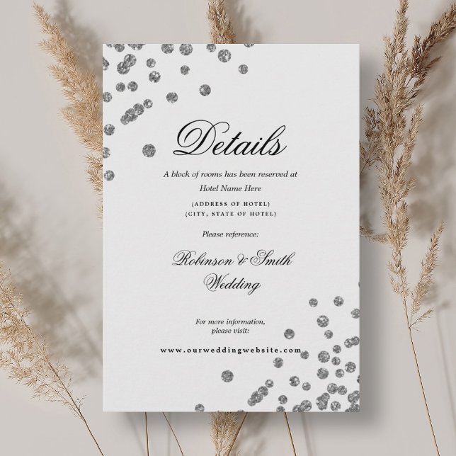 Romantisches Script Silver Confetti Wedding Detail Begleitkarte (Romantic Script Silver Confetti Wedding Details Enclosure Card)