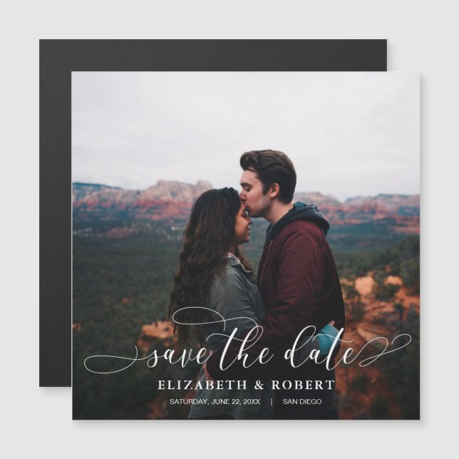 Romantisches Script Wedding Foto Save the Date Magnetkarte (Vorne/Hinten)
