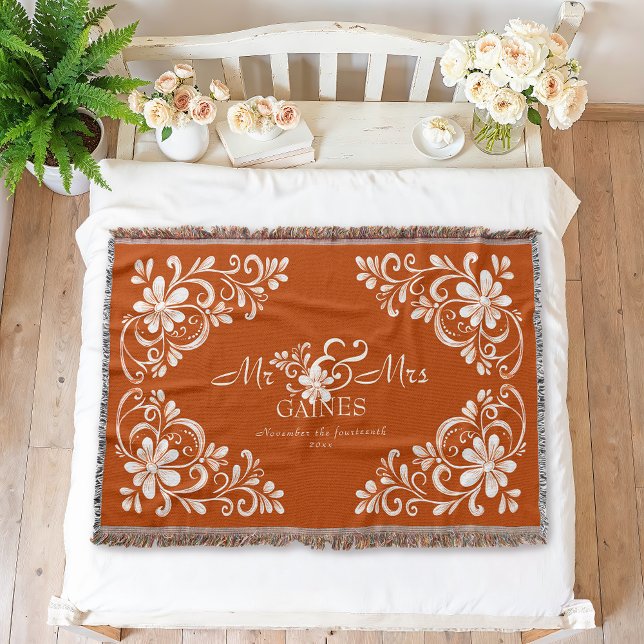 Romantisches Shabby Chic Burnt Orange Mr & Mrs Flo Decke (Von Creator hochgeladen)