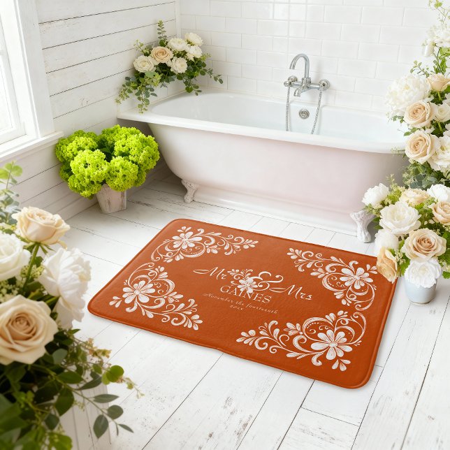 Romantisches Shabby Chic Burnt Orange Mr Mrs Newly Badematte (Von Creator hochgeladen)