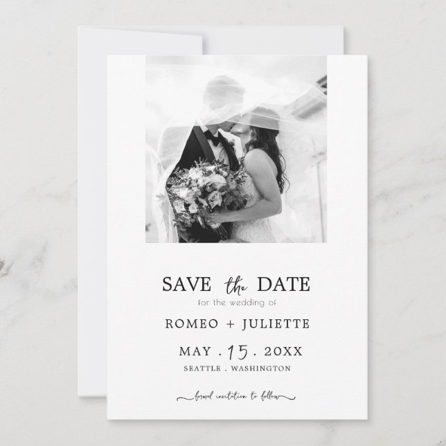 Romantisches Simple Black&White Foto Save the Date (Vorderseite)