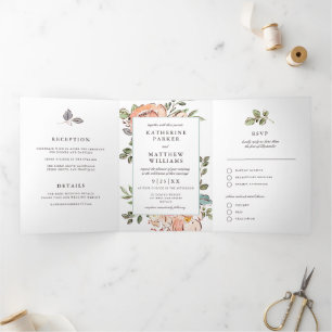 Romantisches Skizzenbuch Florals All-In-One Hochze Dreifach Gefaltete Einladung