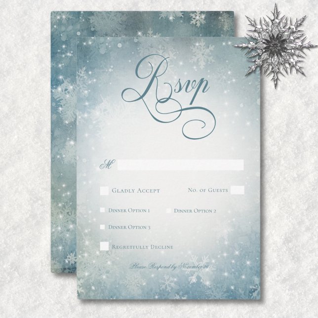 Romantisches Snow Blue & White Sparkle Dinner RSVP Karte (Romantic Falling Snow Blue & White Sparkle Dinner RSVP Card)