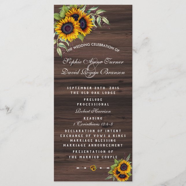Romantisches Sonnenblumen-Holz-Hochzeitsprogramm Programm (Vorderseite)