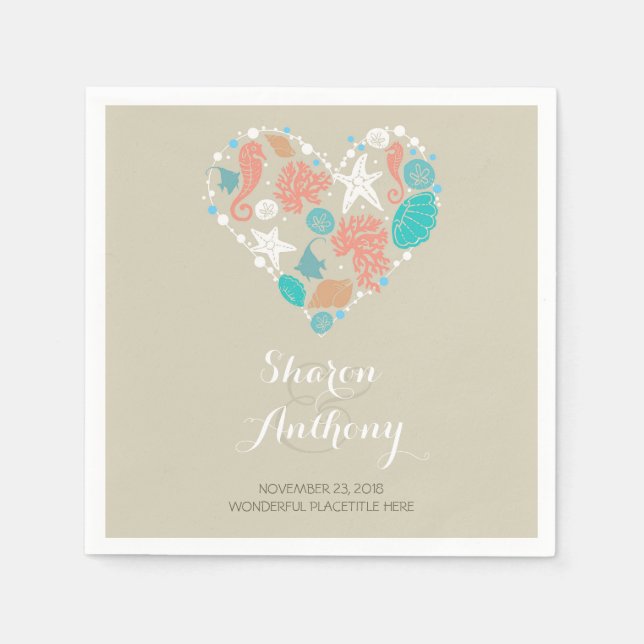 Romantisches Strandherz Hochzeitspapier Napkins Serviette (Vorderseite)