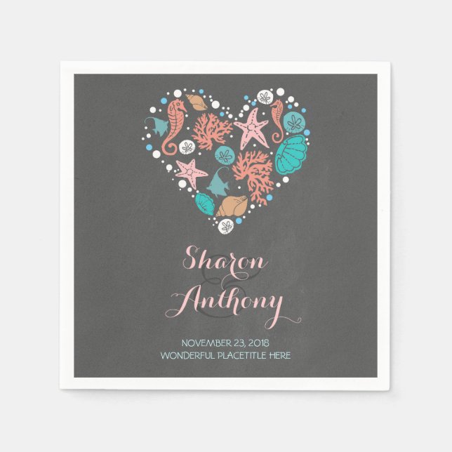 Romantisches Strandherz Hochzeitspapier Napkins Serviette (Vorderseite)