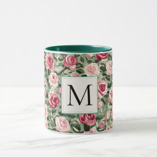 Romantisches Teal Grün Pink Rosen Florales Monogra Tasse