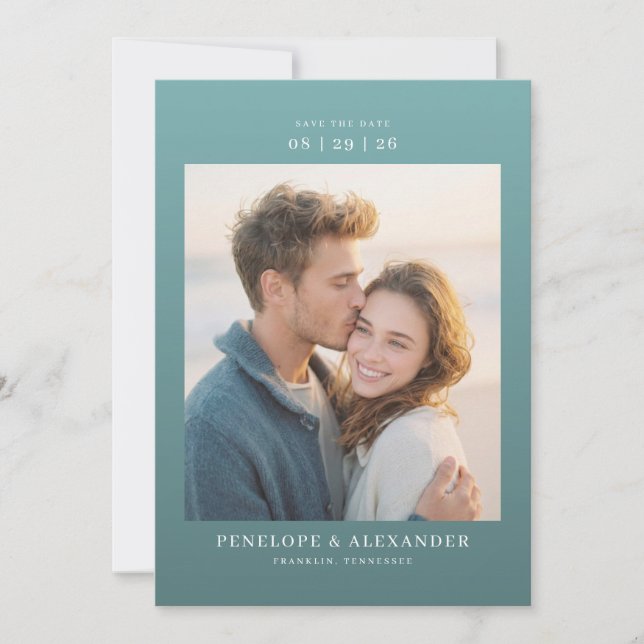Romantisches Teal-Minimalist-Foto Save The Date (Vorderseite)