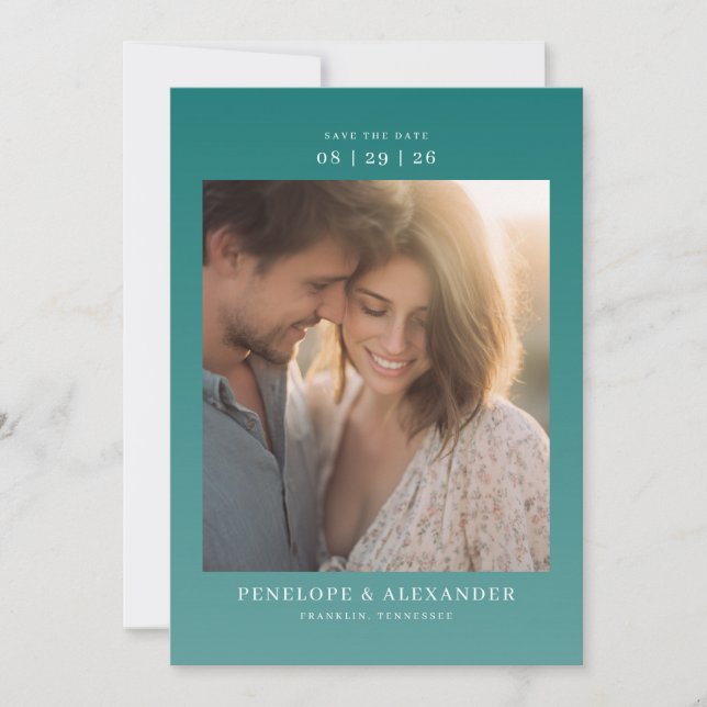 Romantisches Teal-Minimalist-Foto Save The Date (Vorderseite)