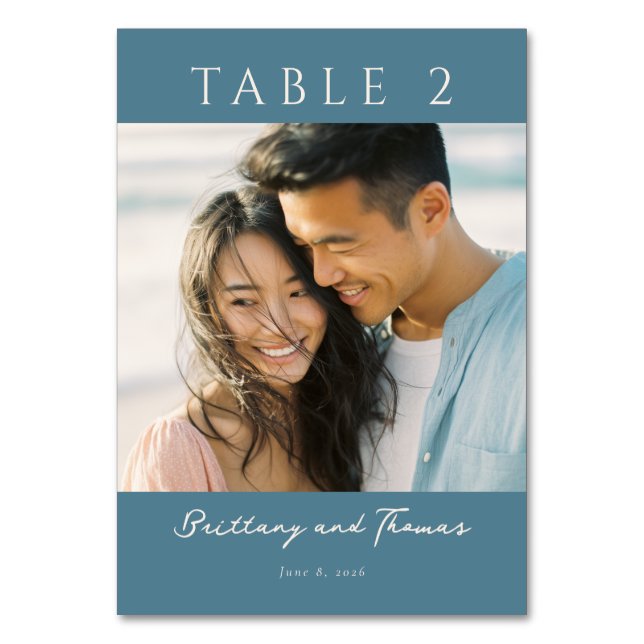Romantisches Teal-Minimalist-Foto Tischnummer (Vorderseite)
