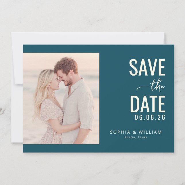 Romantisches Teal-Minimalistisches Foto Save The Date (Vorderseite)
