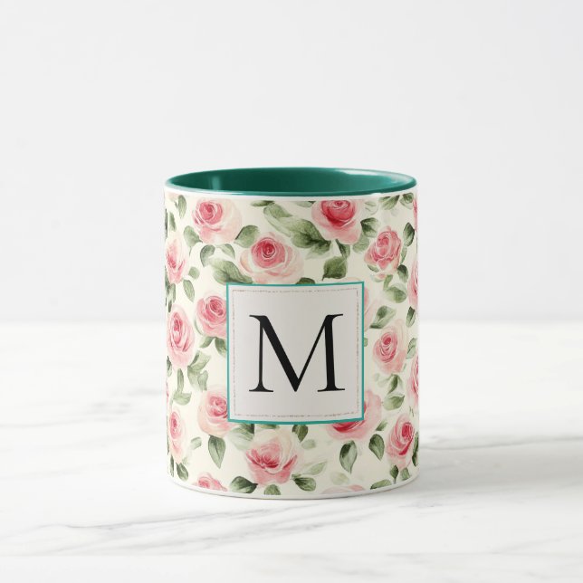 Romantisches Teal-Rosa-Rosen-Blumen-Monogramm Tasse (Zentrum)
