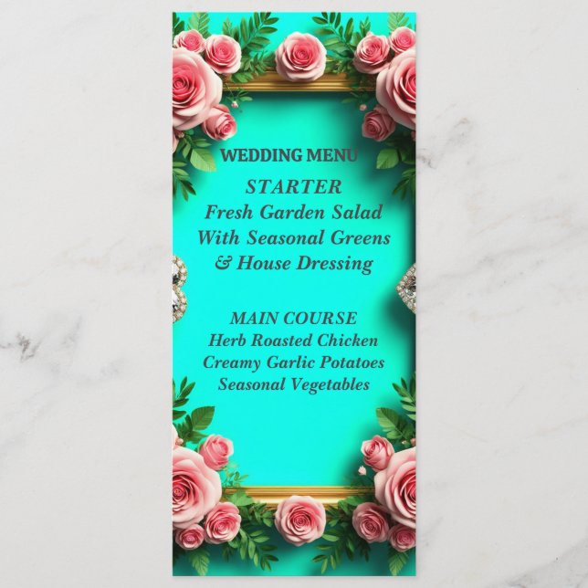 Romantisches Türkis Rosa Rosen Hochzeitsdinner 🌸 Menükarte (Vorderseite)