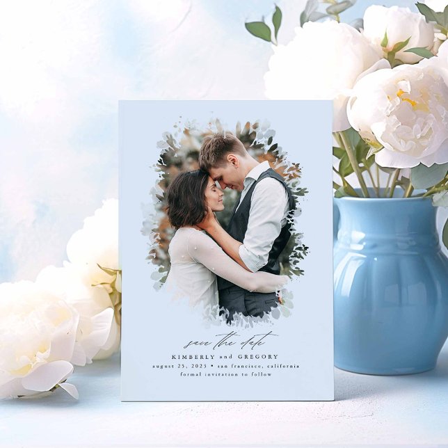 Romantisches und Dreamy Save the Date Foto (Dusty Blue Save The Date Photo Card)
