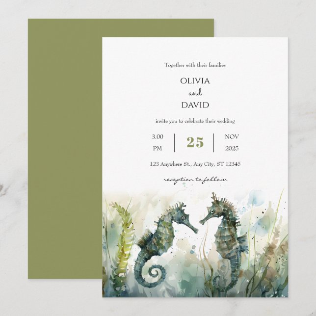 Romantisches Unterwasser-Seepferd Paare Beach Hoch Einladung (Vorne/Hinten)