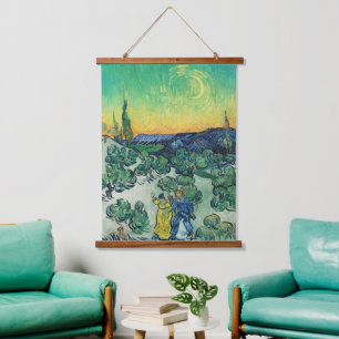 Romantisches Van-Gogh-Paar unter dem Mond wandelt Wandteppich Mit Holzrahmen