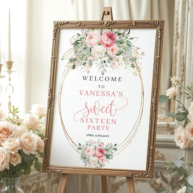 Romantisches verstaubtes rosa Blumen-Sweet-16-Will Poster (Romantic Dusty Pink Floral Sweet 16 Welcome)
