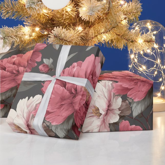 Romantisches verstaubtes rosa Pfingstrosen-Grau Bl Geschenkpapier (Feiertage)