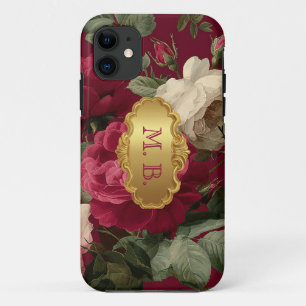 Romantisches Vintage rotes Rosen Blumenmonogramm Case-Mate iPhone Hülle