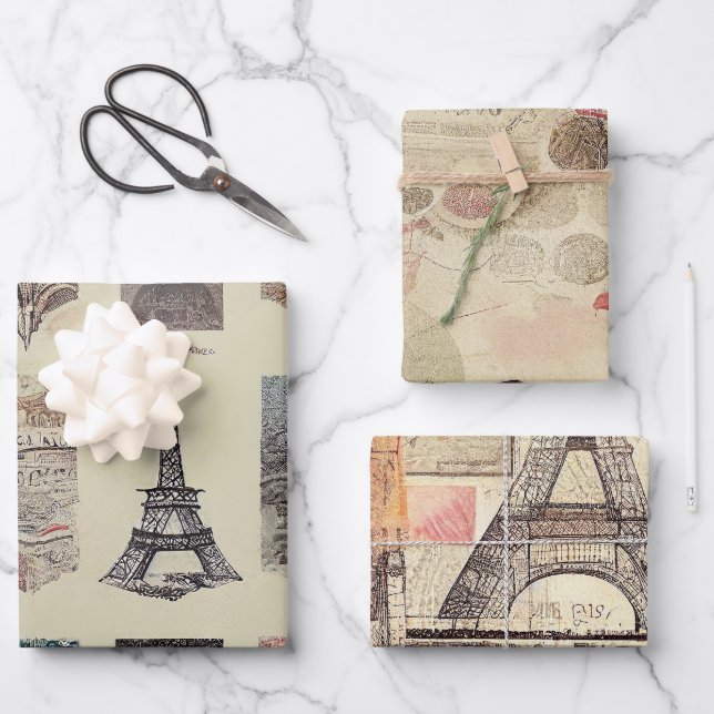 Romantisches Vintages Paris Geschenkpapier Set (Vorderseite)