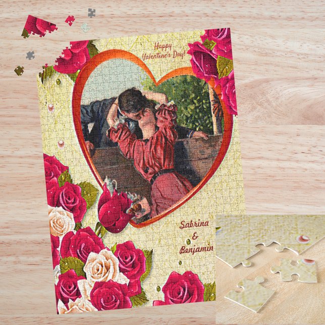 Romantisches Vintages Valentinherz und Rose Puzzle (Romantic Couple Vintage Valentine Heart and Roses Jigsaw Puzzle)