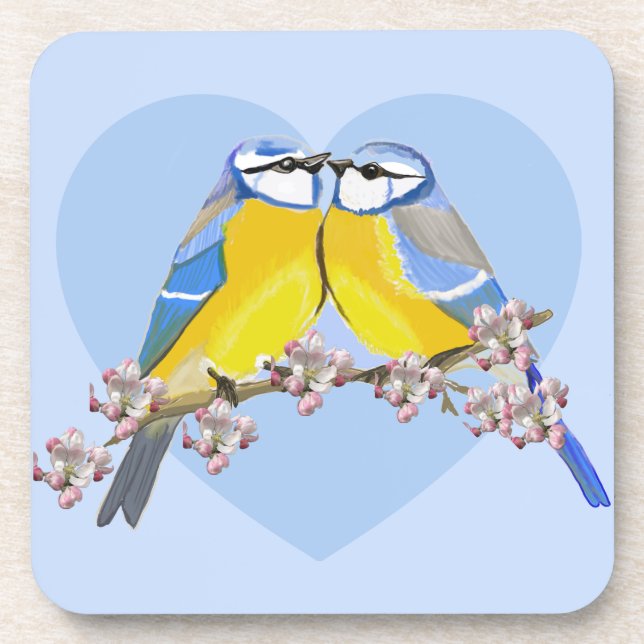 Romantisches Vogelpaar, Cyanistes Caeruleus Getränkeuntersetzer (Vorderseite)
