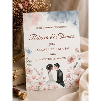 Romantisches Wasserfarben-Paar & Florale Hochzeit Einladung