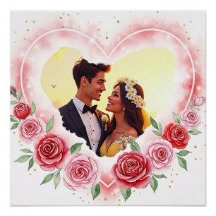 Romantisches Wasserfarbenherz mit goldenen Glitzer Poster
