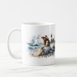 Romantisches Wasserfarbenmädchen am Leuchtturm Kaffeetasse