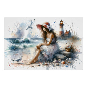 Romantisches Wasserfarbenmädchen am Leuchtturm Poster