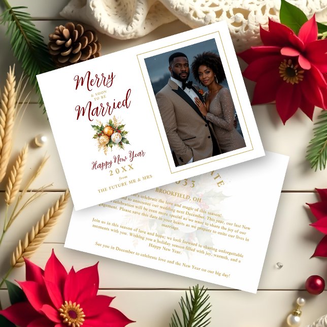 Romantisches Weihnachtsballs Bouquet Wedding Foto Save The Date (Romantic Christmas Balls Bouquet Wedding Photo Save the Date Cards as Holiday Cards.)
