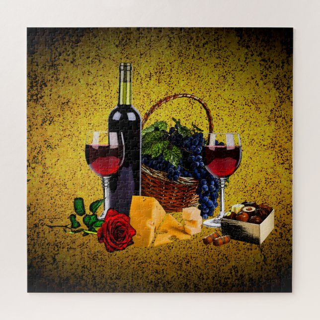Romantisches Weinglas, Flasche, Käse, Trauben, Gol Puzzle (Horizontal)