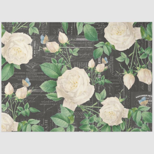 Romantisches Weißrosen-Ephemera Collage Tissue Pap Seidenpapier (Vorderseite)
