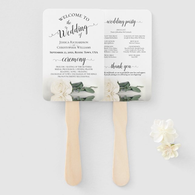 Romantisches White Rose Hochzeitsprogramm Fächer (Vorne und Hinten)