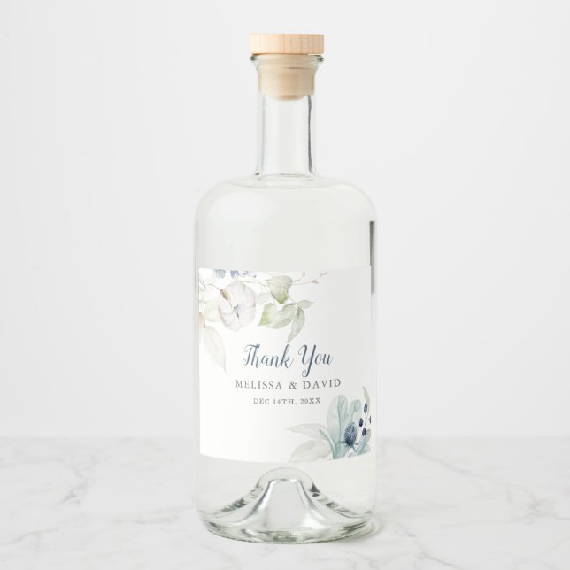 Romantisches Winterthema Hochzeit Danke Stickers Alkoholflaschenetikett (Vorderseite)