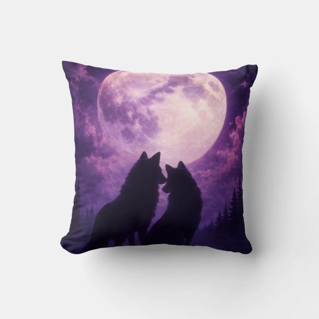 Romantisches Wolfspaar unter Vollmond Kissen (Vorderseite)