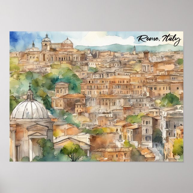 Rome Italy Watercolor Painting Panorama View Poster (Vorne)