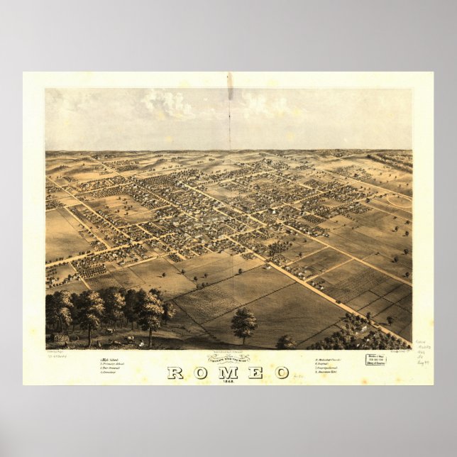 Romeo Michigan 1868 Antike Panoramakarte Poster (Vorne)