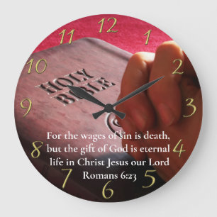 Römer 6:23 heilige Bibel mit Händen Gold Große Wanduhr