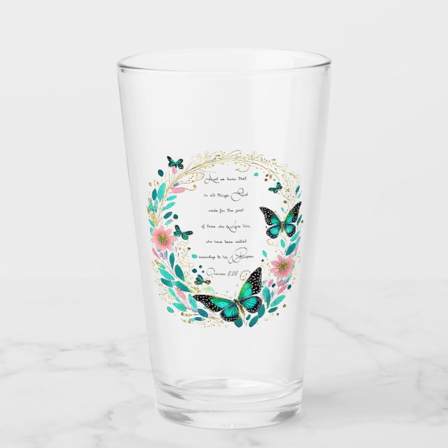 Römer 8:28 Blume und Schmetterlinge Glas (Vorderseite)