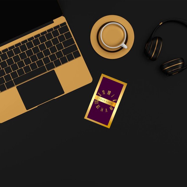 Römische Uhr mit Goldrahmen Lila vertikal Visitenkarte (Gold Frame Roman Clock Purple Vertical Business Card)