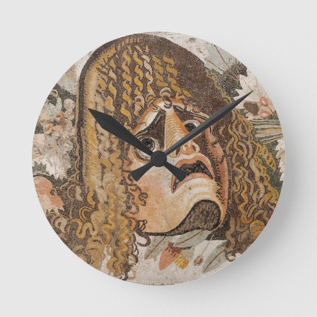 römisches Mosaik mit Maske, Blätter und Obst Runde Wanduhr (Vorderseite)