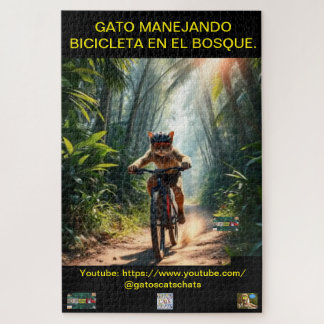 ROMPECABEZA GATO MANEJANDO BICICLETA EN EL BOSQUE. PUZZLE