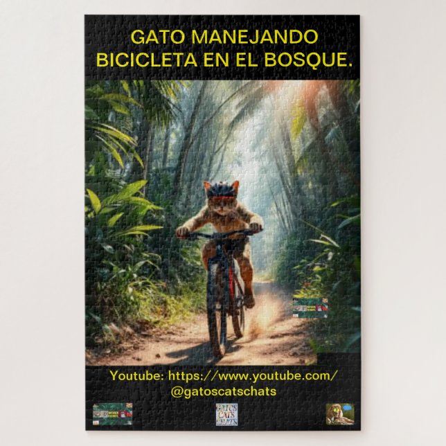 ROMPECABEZA GATO MANEJANDO BICICLETA EN EL BOSQUE. PUZZLE (Vertikal)